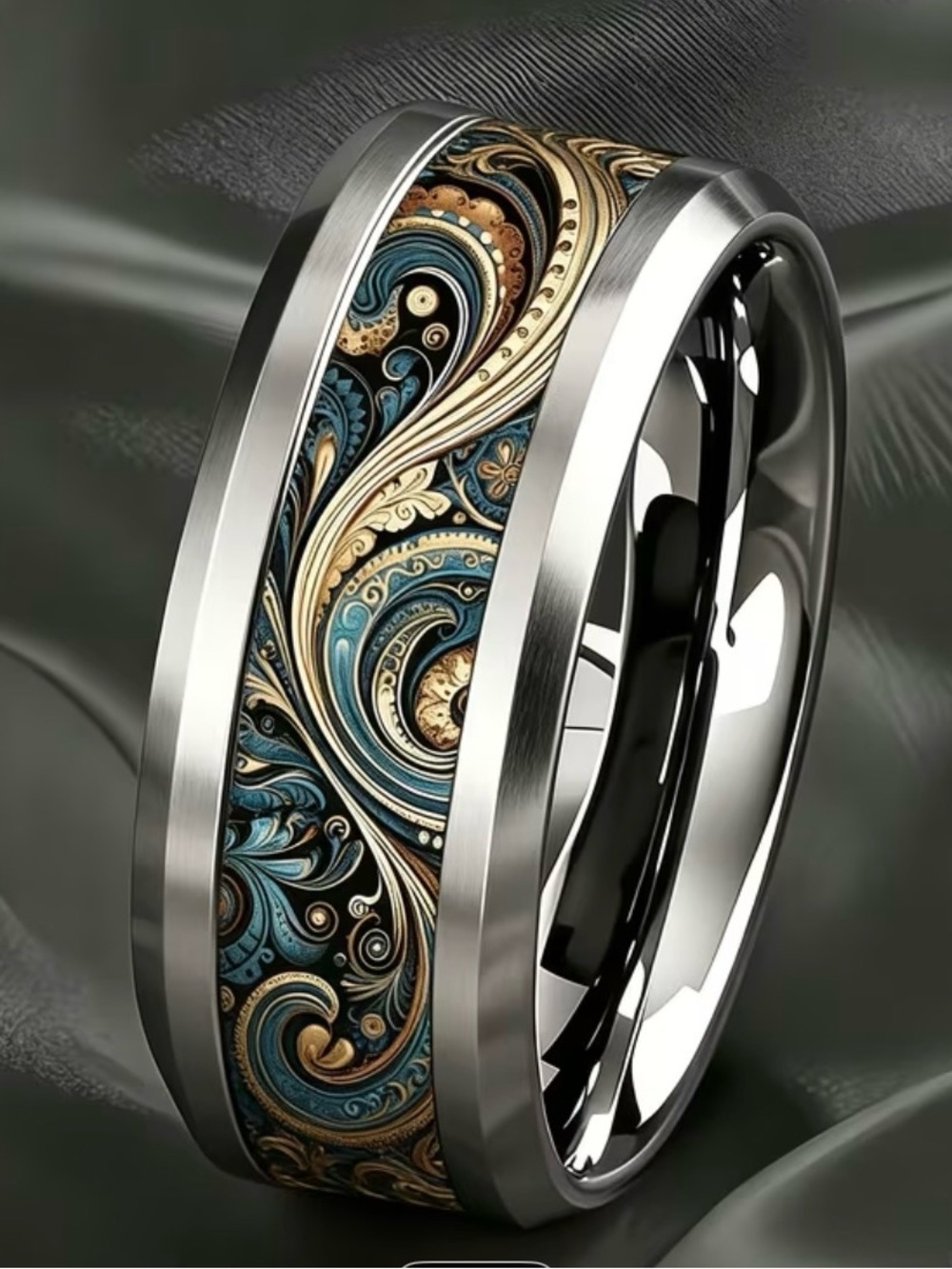 Men's Silver Band Ring with Blue and Gold Filigree Inlay (picture is enlarged)
